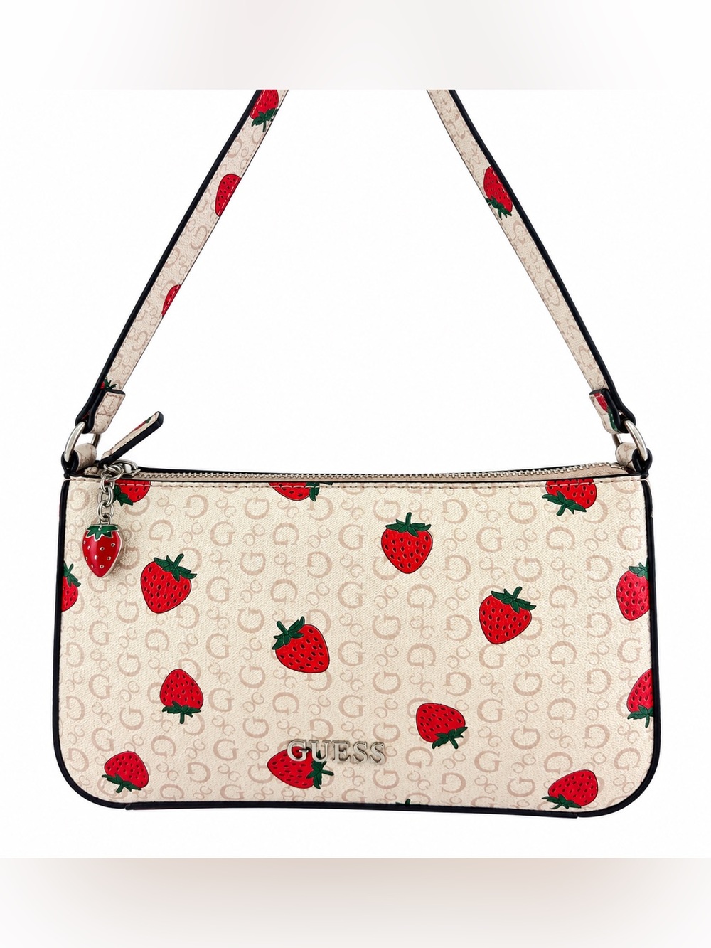 GUESS Beige Shoulder Bag with Red Strawberry Print